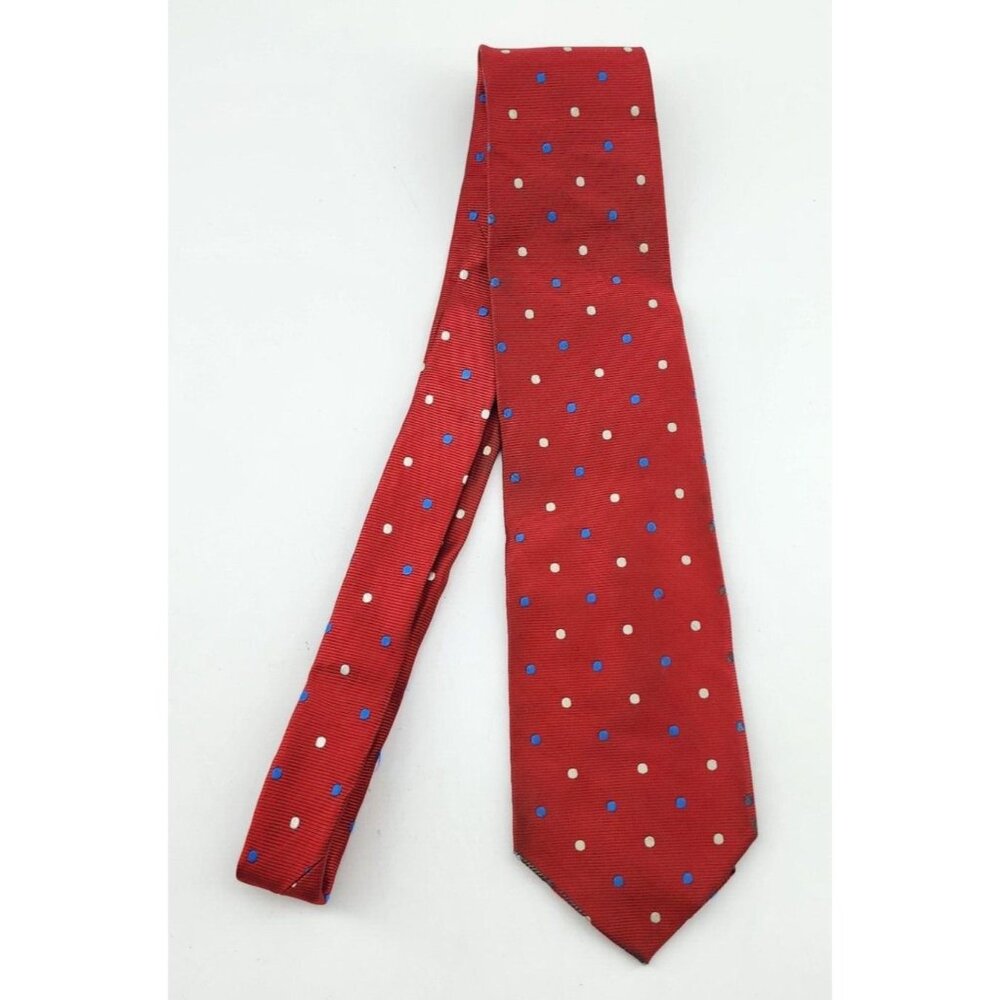 Brooks Brothers Makers Pure Silk Necktie Red w/ White & Blue Polka Dots USA Made